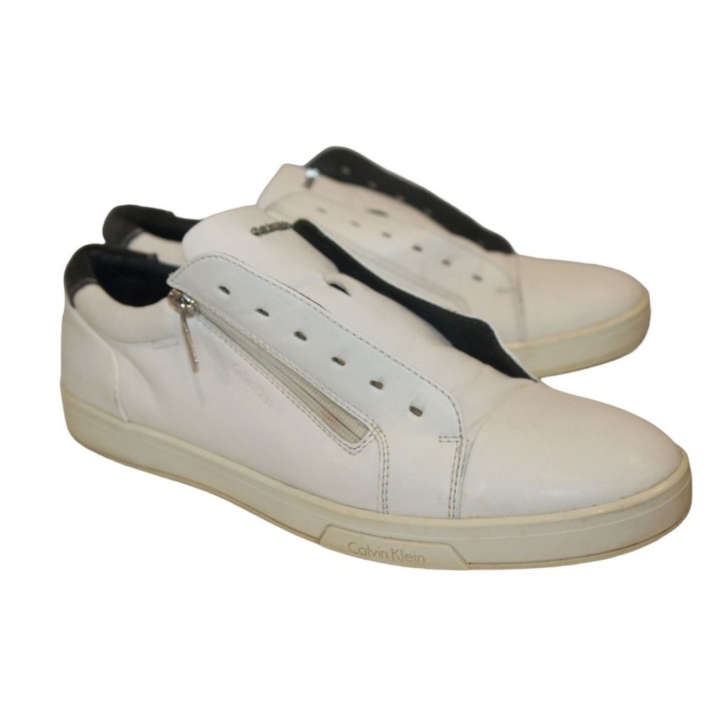 CALVIN KLEIN Mens White Side Zip SNEAKERS / SHOES Lace-Up *No Laces Sz 11